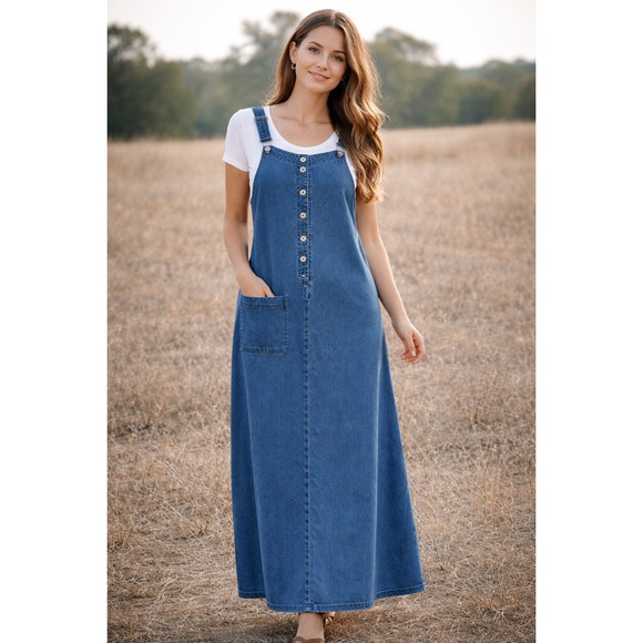 Directives Dresses & Skirts - Vintage Denim Overall Pinafore Dress Women XL Maxi Blue Cotton Lyocell